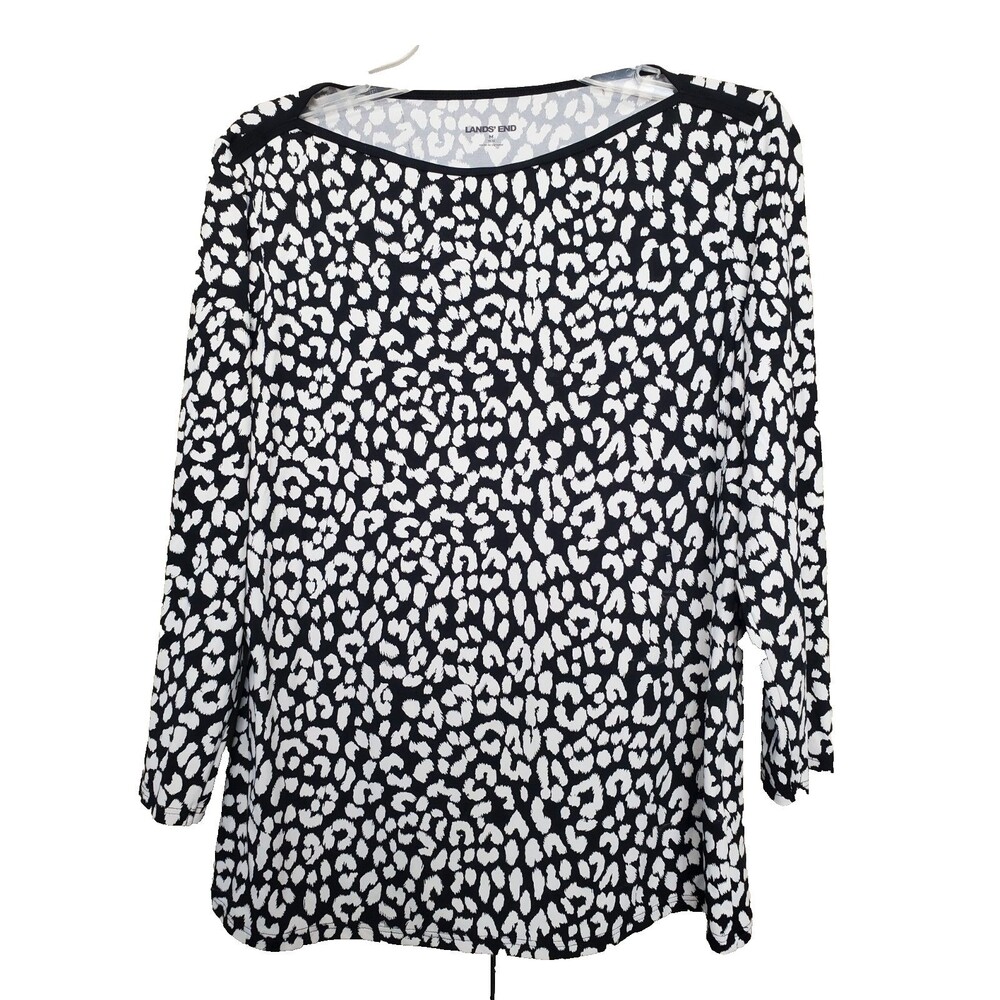 Lands' End Black Animal Print Boat Neck 3/4 Sleeve Rash Guard Swim Tee Size MED